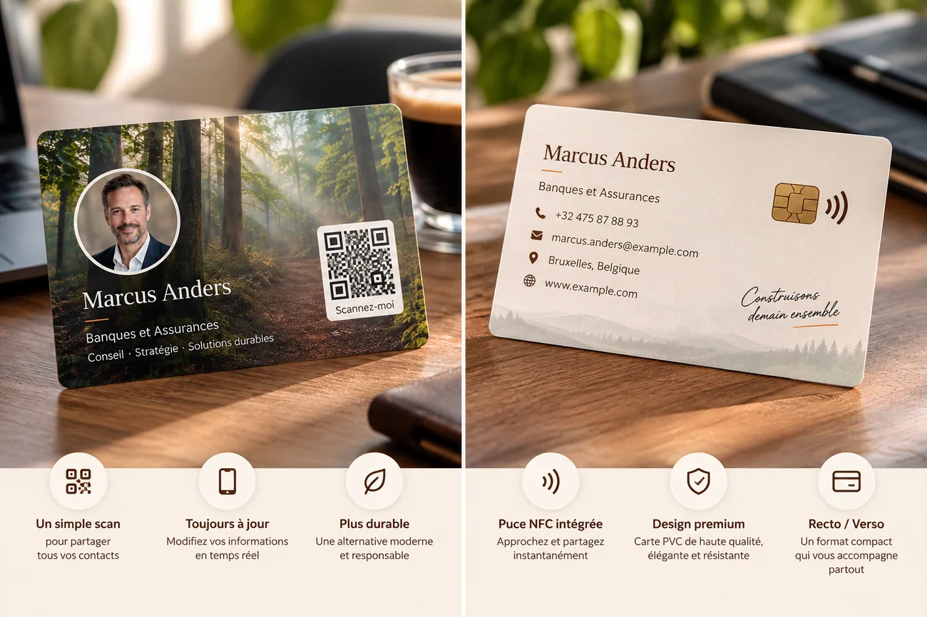 Carte PVC bloo.Cards avec QR code et puce NFC, recto et verso, offre de lancement
