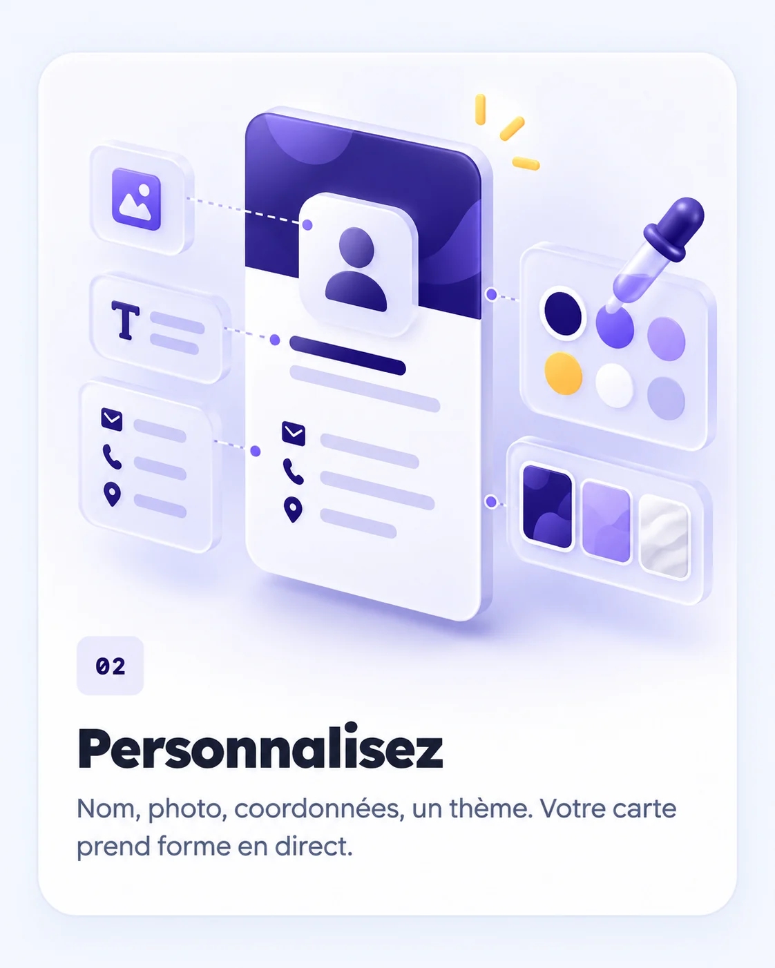 Étape 2 — Personnalisez : nom, photo, coordonnées et thème, en direct